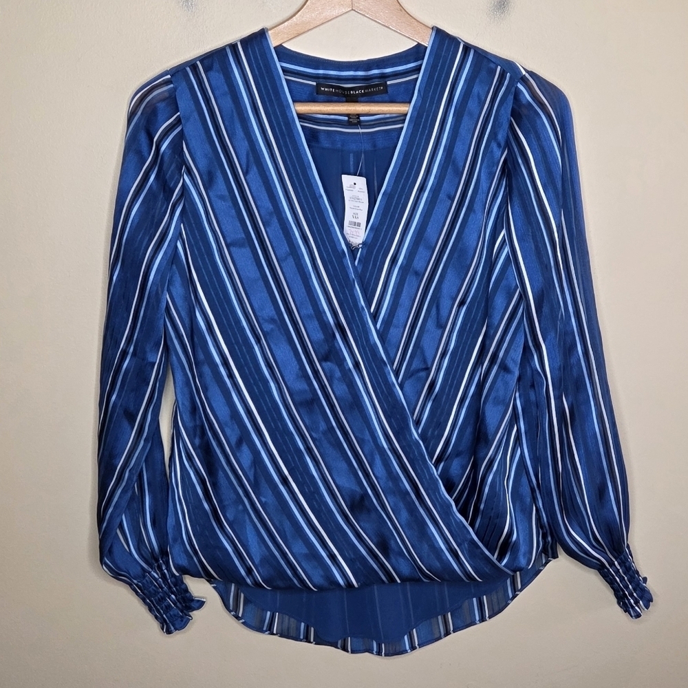 NWT WHBM Blue White Stripe Surplice Crossover Wrap Blouse Size XXS Office Work